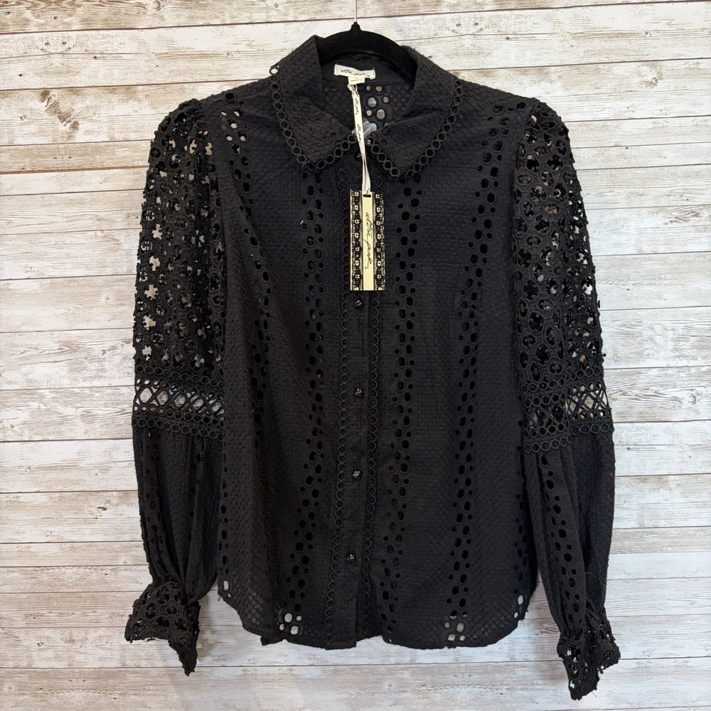 NEW Ultra Pink Womens M Top Black Crochet Button Up Collar Boho 100% Cotton NWT